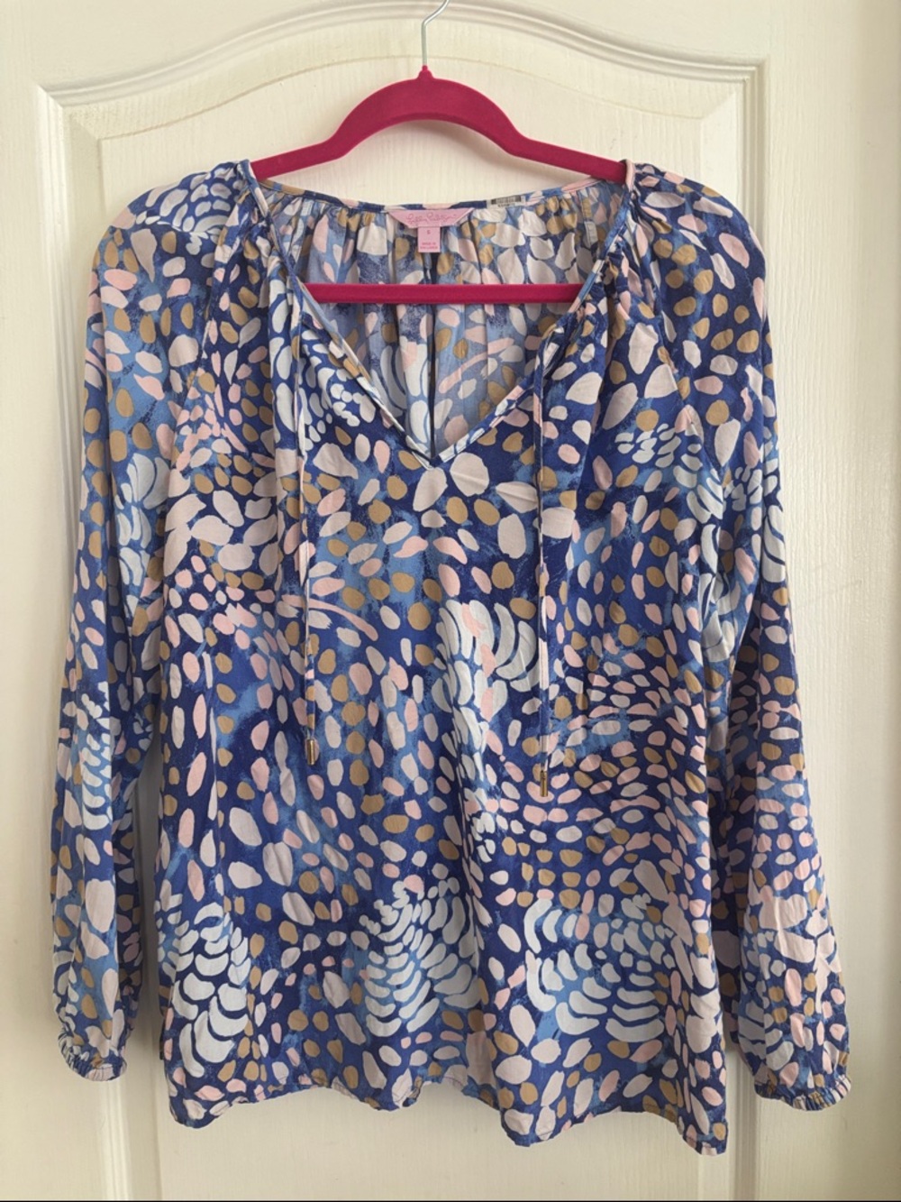 Lilly Pulitzer Blue Floral-Dot V-Neck Peasant Blouse